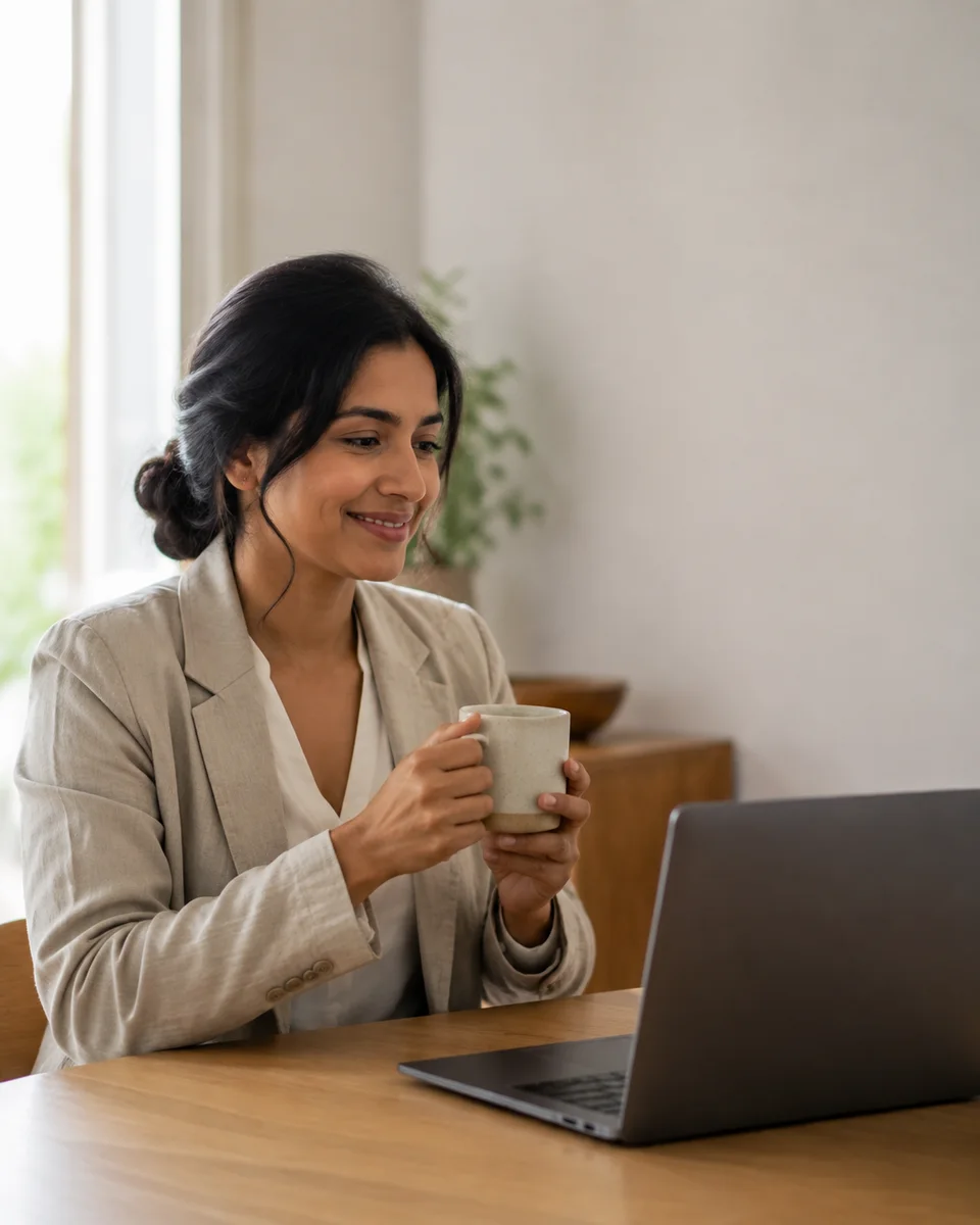 Recruiting lead enjoying her coffee beside an open laptop