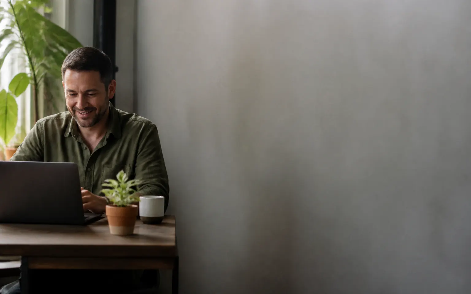 A hiring manager smiling as he reviews an open role on his laptop